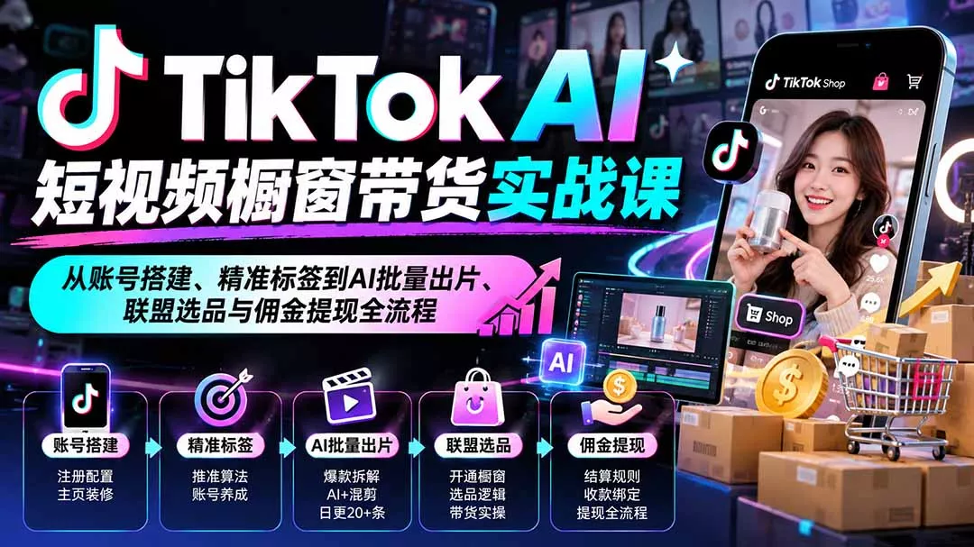 TikTok AI短视频橱窗带货实战课：从账号搭建、精准标签到AI批量出片、联盟选品与佣金提现全流程-2爱1学习资源网-伴学无忧