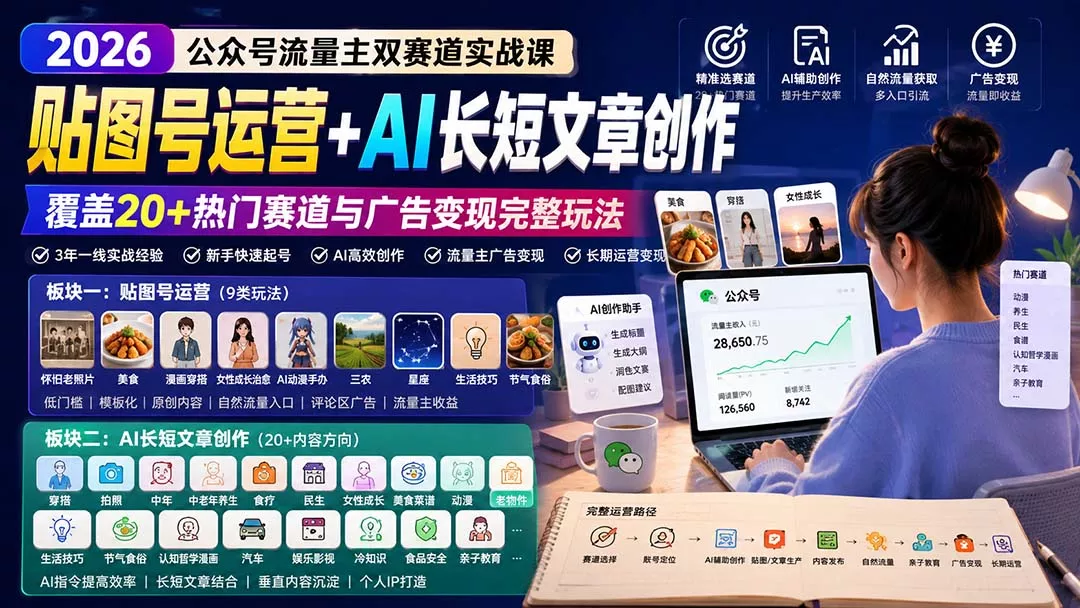 公众号流量主双赛道实战课：贴图号运营+AI长短文章创作，覆盖20+热门赛道与广告变现完整玩法-2爱1学习资源网-伴学无忧