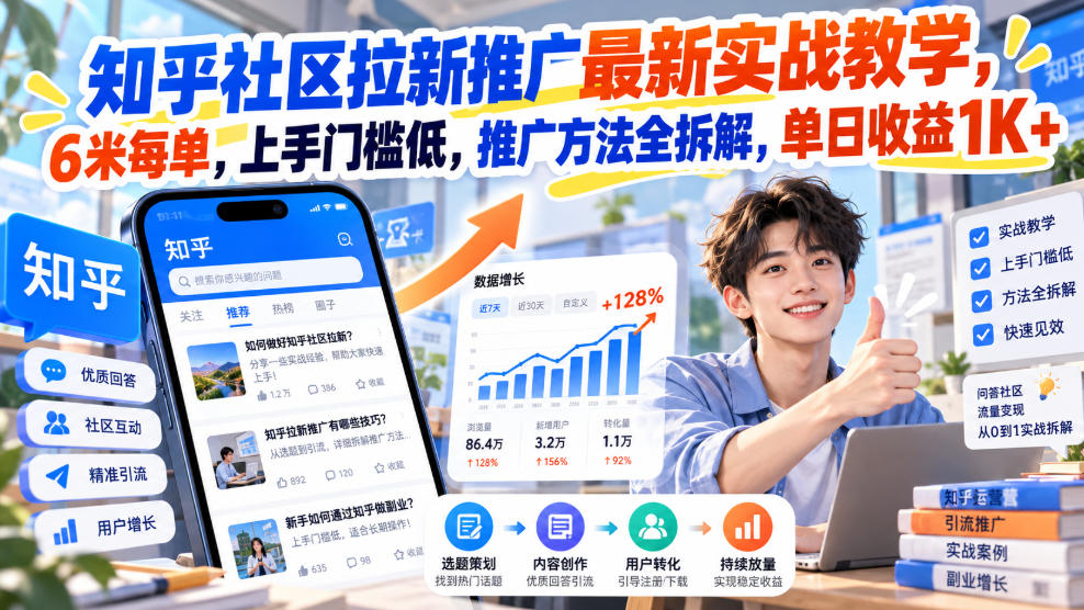 知乎社区拉新推广最新实战教学,6米每单,上手门槛低,推广方法全拆解,单日收益1K+!(更新1010)-2爱1学习资源网-伴学无忧