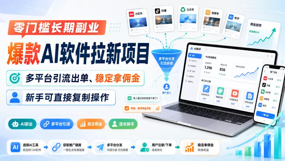 零门槛长期副业,爆款AI软件拉新项目,多平台引流出单、稳定拿佣金,新手可直接复制操作-2爱1学习资源网-伴学无忧