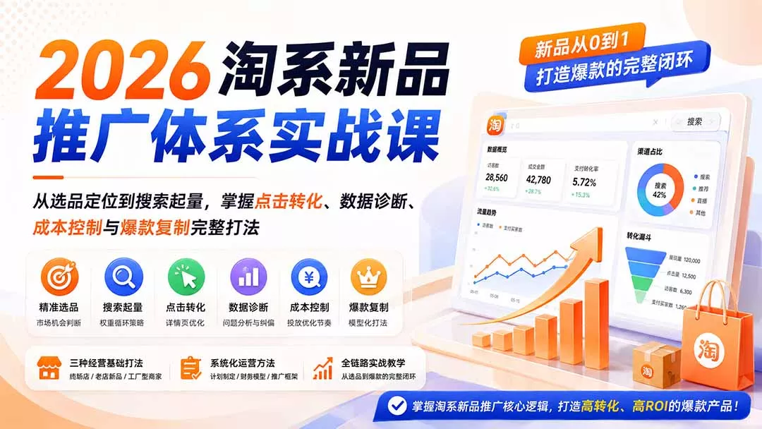 2026淘系新品推广体系实战课：从选品定位到搜索起量，掌握点击转化、数据诊断、成本控制与爆款复制完整打法-2爱1学习资源网-伴学无忧