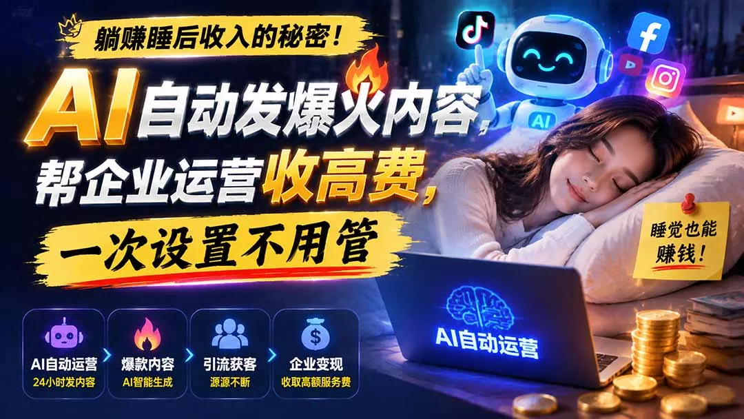躺赚睡后收入的秘密！AI 自动发爆火内容，帮企业运营收高费，一次设置不用管【原创双语字幕】-2爱1学习资源网-伴学无忧
