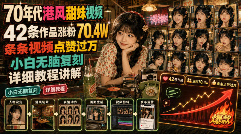 70年代港风甜妹视频,42条作品涨粉70.4W,条条视频点赞过万,小白无脑复刻,详细教程讲解-2爱1学习资源网-伴学无忧