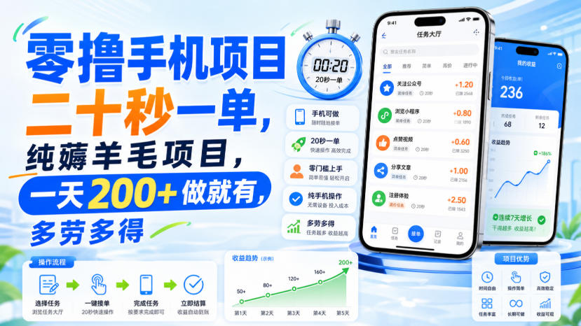 零撸手机项目，二十秒一单，纯薅羊毛项目，一天200+做就有，多劳多得【揭秘】-2爱1学习资源网-伴学无忧
