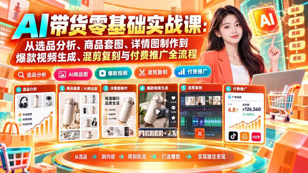 AI带货零基础实战课：从选品分析、商品套图、详情图制作到爆款视频生成、混剪复刻与付费推广全流程-2爱1学习资源网-伴学无忧