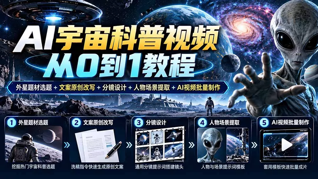 AI宇宙科普视频从0到1教程｜外星题材选题+文案原创改写+分镜设计+人物场景提取+AI视频批量制作-2爱1学习资源网-伴学无忧