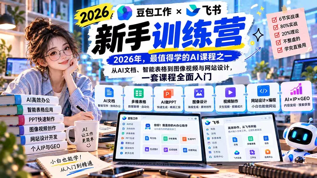 2026豆包工作+飞书新手训练营-9月新课：从AI文档、智能表格到图像视频与网站设计，一套课程全面入门-2爱1学习资源网-伴学无忧