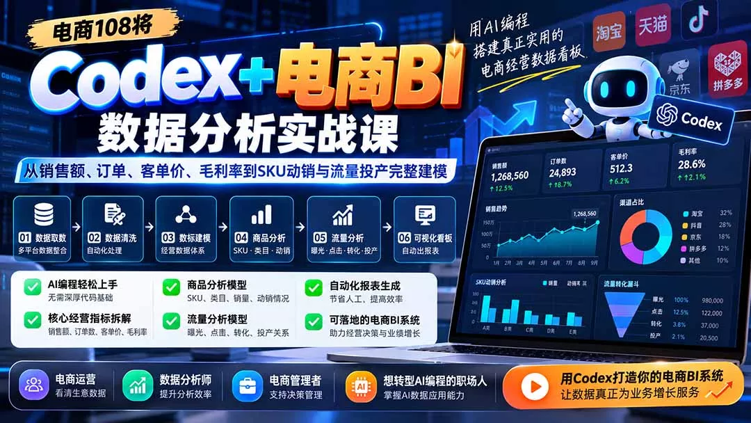 Codex+电商BI数据分析实战课-更新：从销售额、订单、客单价、毛利率到SKU动销与流量投产完整建模-2爱1学习资源网-伴学无忧
