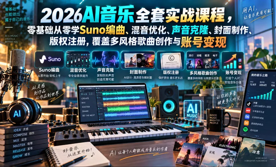 2026AI音乐实战课程，零基础从零学Suno编曲、混音优化、声音克隆、版权注册，覆盖多风格歌曲创作与账号变现(更新0924)-2爱1学习资源网-伴学无忧
