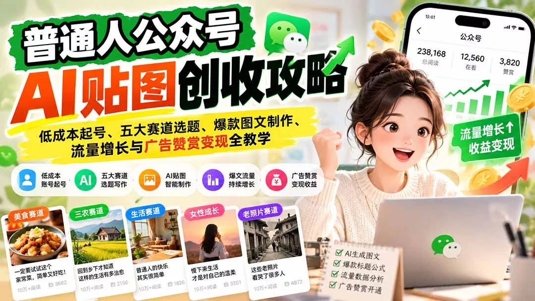 普通人公众号AI贴图创收攻略:低成本起号、五大赛道选题、爆款图文制作、流量增长与广告赞赏变现全教学 普通人公众号AI贴图创收攻略:低成本起号、五大赛道选题、爆款图文制作、流量增长与广告赞赏变现全教学