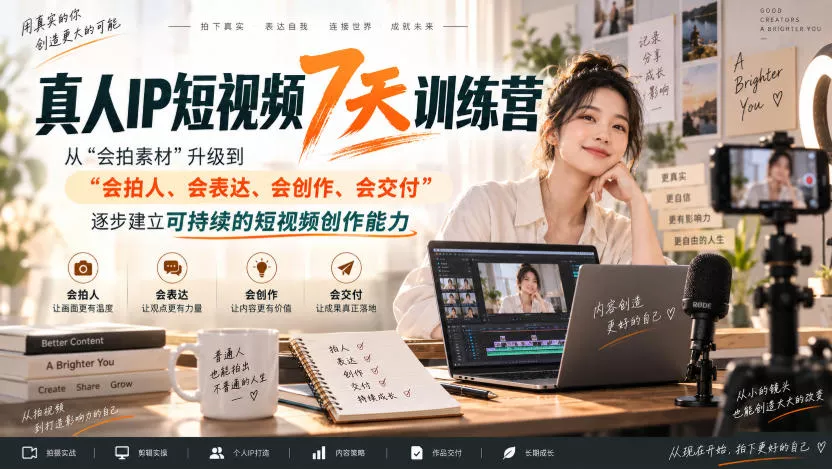真人IP短视频7天训练营,从“会拍素材”升级到“会拍人、会表达、会创作、会交付”,逐步建立可持续的短视频创作能力-2爱1学习资源网-伴学无忧