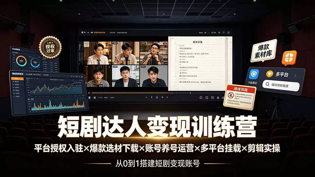 短剧达人变现训练营：平台授权入驻×爆款选材下载×账号养号运营×多平台挂载×剪辑实操×违规处理全流程-2爱1学习资源网-伴学无忧