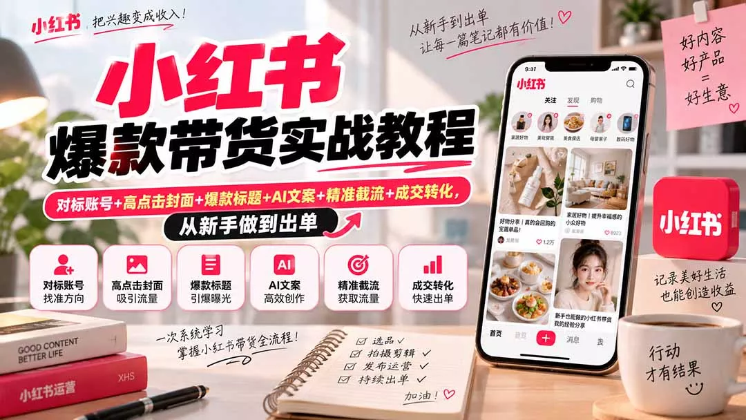 小红书爆款带货实战教程｜对标账号+高点击封面+爆款标题+AI文案+精准截流+成交转化，从新手做到出单-2爱1学习资源网-伴学无忧