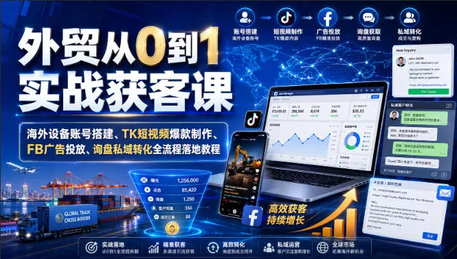 外贸从0到1实战获客课｜海外设备账号搭建、TK短视频爆款制作、FB广告投放、询盘私域转化全流程落地教程-2爱1学习资源网-伴学无忧