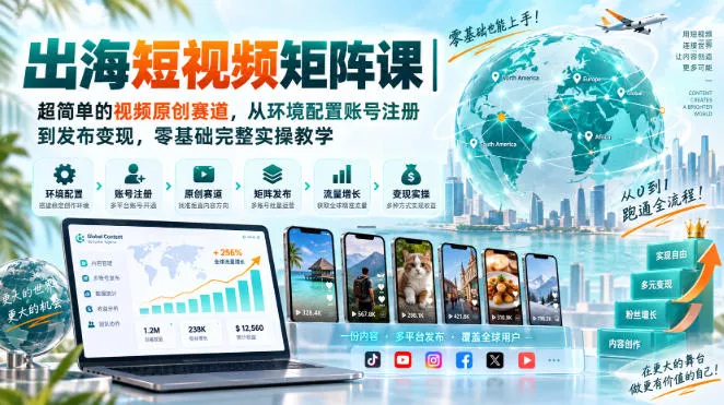 出海短视频矩阵课|超简单的视频原创赛道,从环境配置账号注册到发布变现,零基础完整实操教学 出海短视频矩阵课|超简单的视频原创赛道,从环境配置账号注册到发布变现,零基础完整实操教学