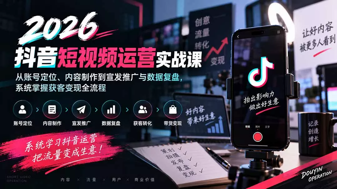 2026抖音短视频运营实战课：从账号定位、内容制作到宣发推广与数据复盘，系统掌握获客变现全流程-2爱1学习资源网-伴学无忧