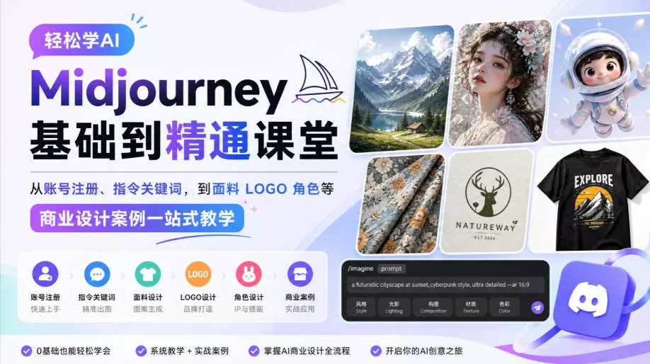 轻松学AI Midjourney基础到精通课堂，从账号注册、指令关键词，到面料LOGO角色等商业设计案例一站式教学-2爱1学习资源网-伴学无忧