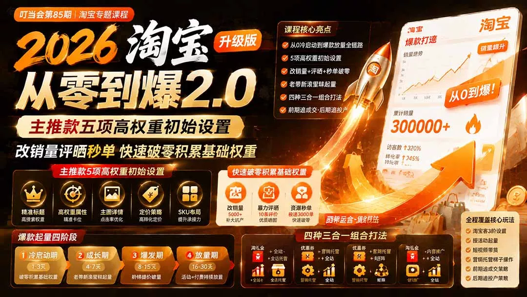 2026淘宝从零到爆2.0第85期；主推款五项高权重初始设置，改销量评晒秒单快速破零积累基础权重-2爱1学习资源网-伴学无忧