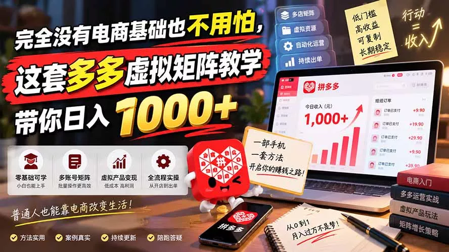 完全没有电商基础也不用怕，这套多多虚拟矩阵教学带你日入 1000+-2爱1学习资源网-伴学无忧