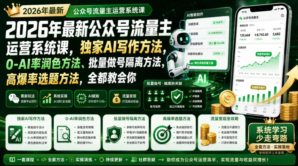 2026年最新公众号流量主运营系统课，独家AI写作方法，0-AI率润色方法、批量做号隔离方法、高爆率选题方法，全都教会你(更新1009)-2爱1学习资源网-伴学无忧