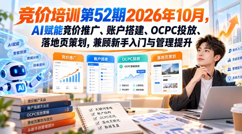 【无水印】竞价培训第52期2026年10月，AI赋能竞价推广、账户搭建、OCPC投放、落地页策划，兼顾新手入门与管理提升-2爱1学习资源网-伴学无忧