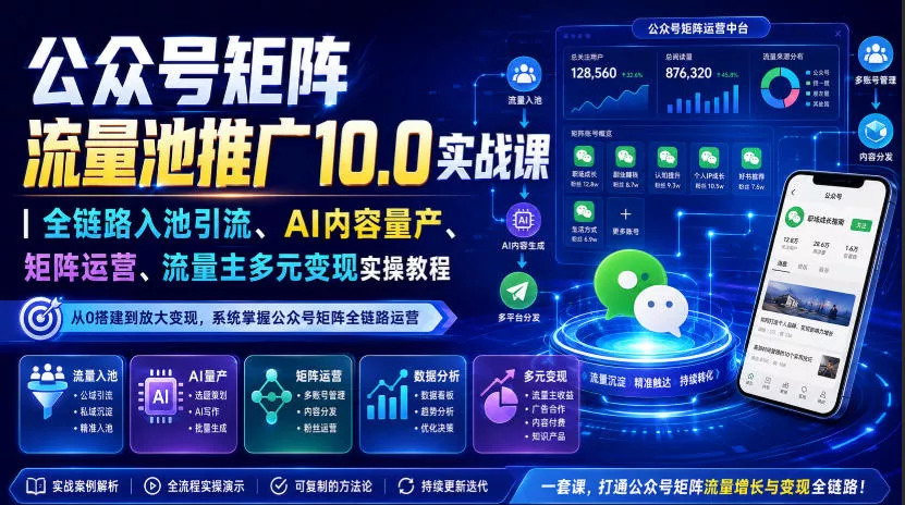 公众号矩阵流量池推广10.0实战课｜全链路入池引流、AI内容量产、矩阵运营、流量主多元变现实操教程-2爱1学习资源网-伴学无忧