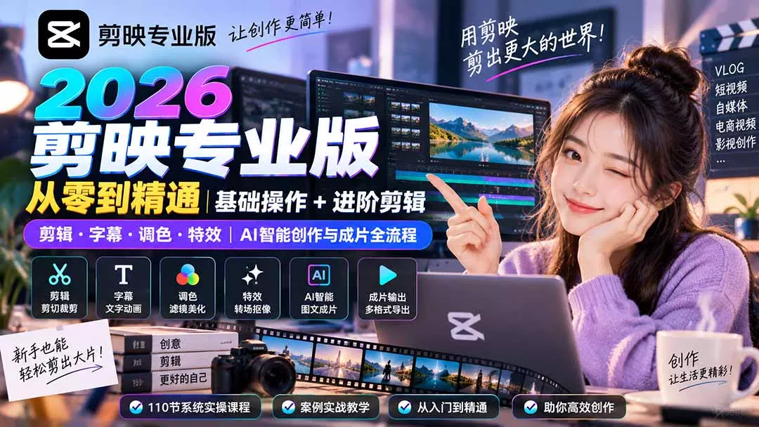 2026剪映专业版从零到精通｜基础操作+进阶剪辑｜剪辑·字幕·调色·特效｜AI智能创作与成片全流程-2爱1学习资源网-伴学无忧