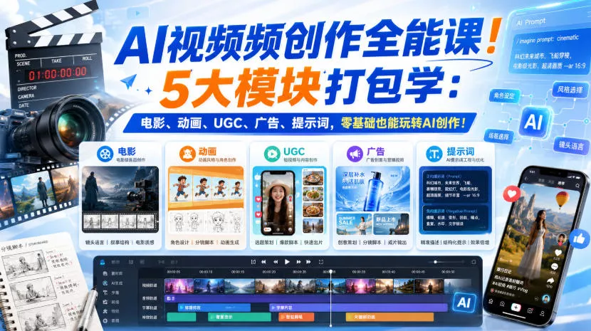 AI视频频创作全能课！5大模块打包学：电影、动画、UGC、广告、提示词，零基础也能玩转AI创作！【原创双语字幕】-2爱1学习资源网-伴学无忧