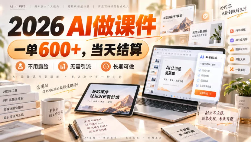 2026 AI做课件,一单600+,当天结算,不用露脸,无需引流,长期可做【揭秘】-2爱1学习资源网-伴学无忧