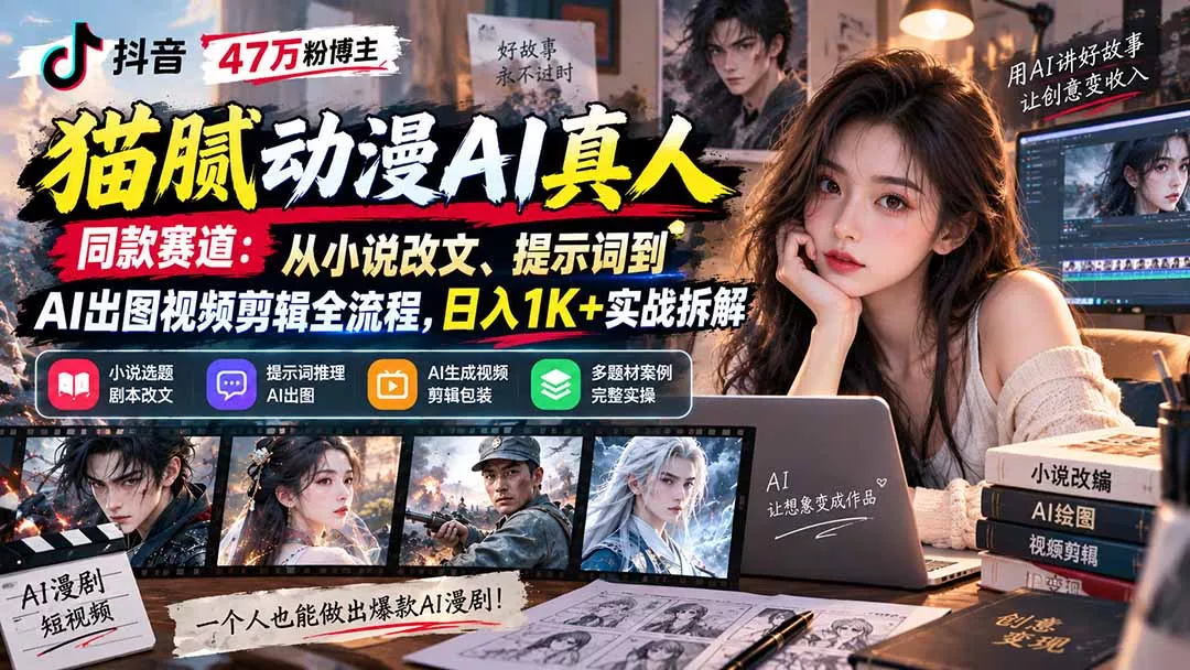 抖音47万粉博主猫腻动漫AI真人同款赛道：从小说改文、提示词到AI出图视频剪辑全流程，日入1K+实战拆解