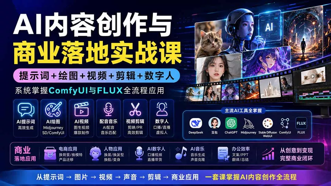 AI内容创作与商业落地实战课：提示词+绘图+视频+剪辑+数字人，系统掌握ComfyUI与FLUX全流程应用-2爱1学习资源网-伴学无忧