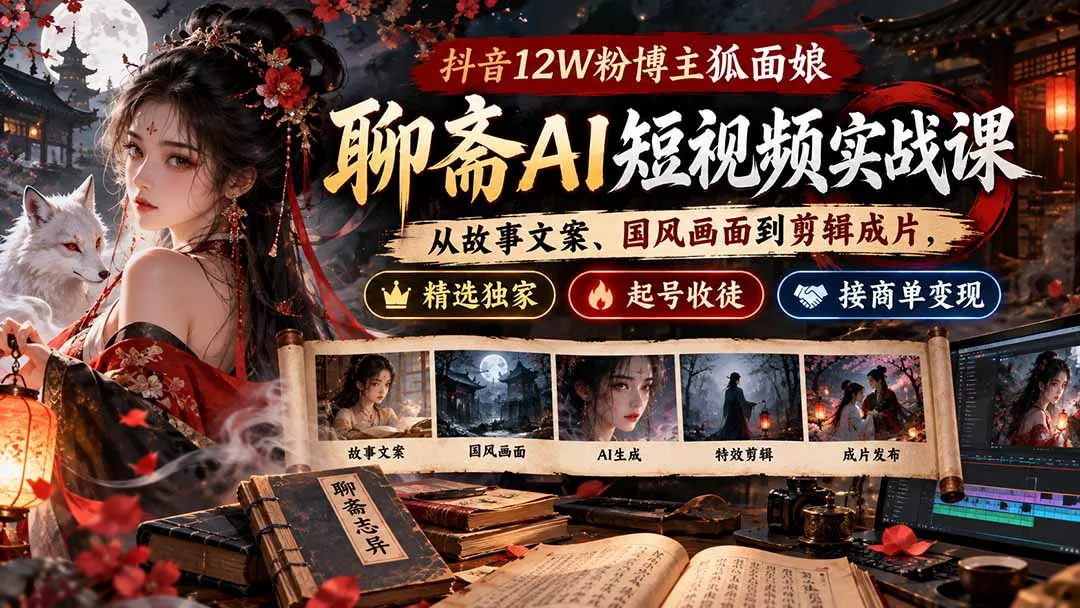 抖音12W粉博主狐面娘-聊斋AI短视频实战课：从故事文案、国风画面到剪辑成片，精选独家+起号收徒+接商单变现-2爱1学习资源网-伴学无忧