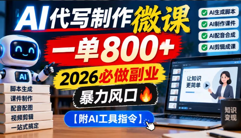 AI代写制作微课,一单800+,2026必做副业,暴力风口【附AI工具指令】【揭秘】-2爱1学习资源网-伴学无忧
