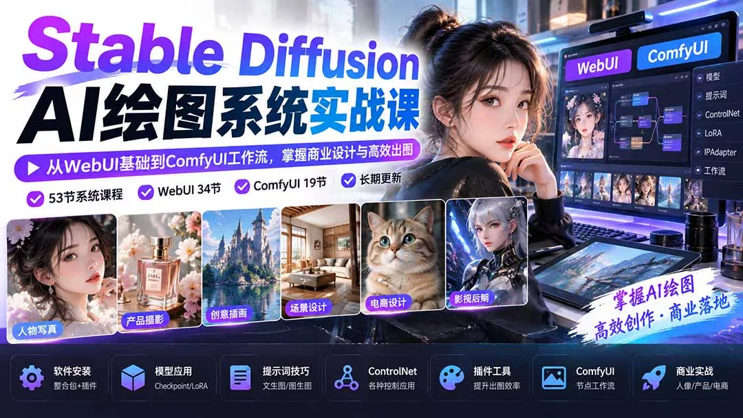 【无水印】Stable Diffusion AI绘图系统实战课：从WebUI基础到ComfyUI工作流，掌握商业设计与高效出图-2爱1学习资源网-伴学无忧