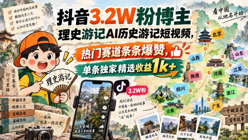 抖音3.2W粉博主理史游记AI历史游记短视频教学,热门赛道条条爆赞,单条独家精选收益1k+ 抖音3.2W粉博主理史游记AI历史游记短视频教学,热门赛道条条爆赞,单条独家精选收益1k+