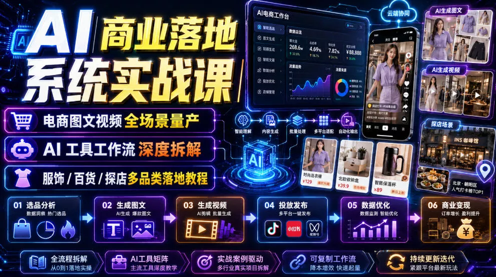 AI商业落地系统实战课｜电商图文视频全场景量产・AI工具工作流深度拆解・服饰/百货/探店多品类落地教程-2爱1学习资源网-伴学无忧