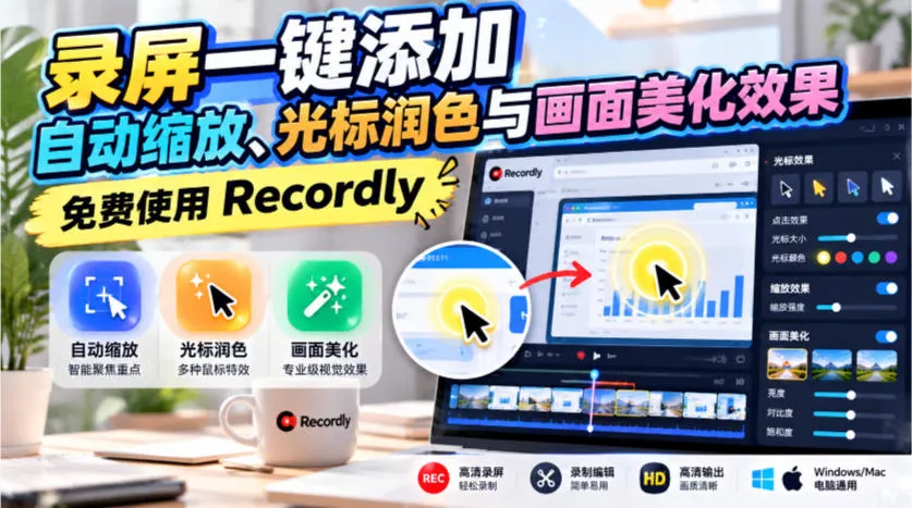 录屏一键添加自动缩放、光标润色与画面美化效果，免费使用Recordly-2爱1学习资源网-伴学无忧