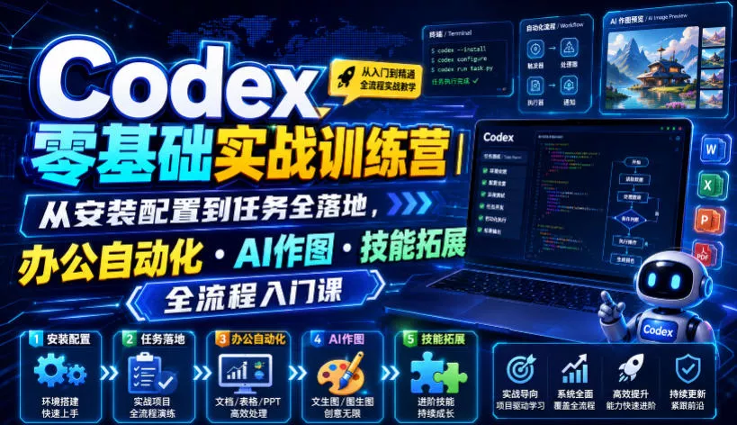 Codex零基础实战训练营｜从安装配置到任务全落地，办公自动化・AI作图・技能拓展全流程入门课-2爱1学习资源网-伴学无忧