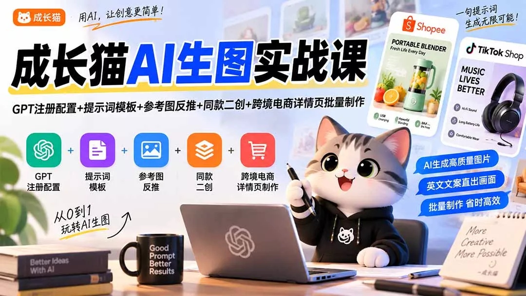 成长猫AI生图实战课｜GPT注册配置+提示词模板+参考图反推+同款二创+跨境电商详情页批量制作
