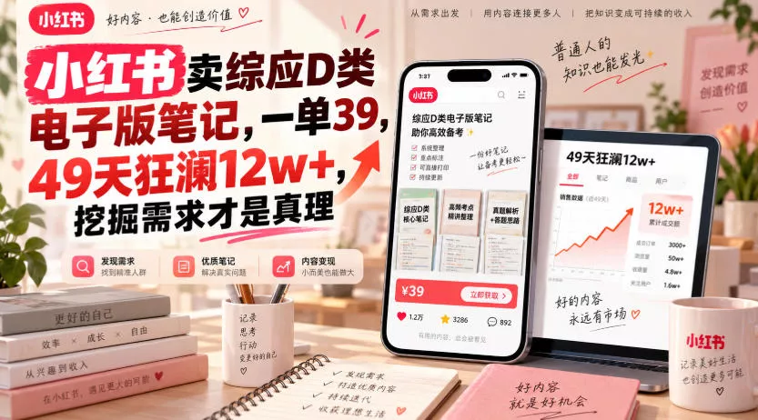 小红书卖综应D类电子版笔记,一单39,49天狂澜12w+,挖掘需求才是真理-2爱1学习资源网-伴学无忧
