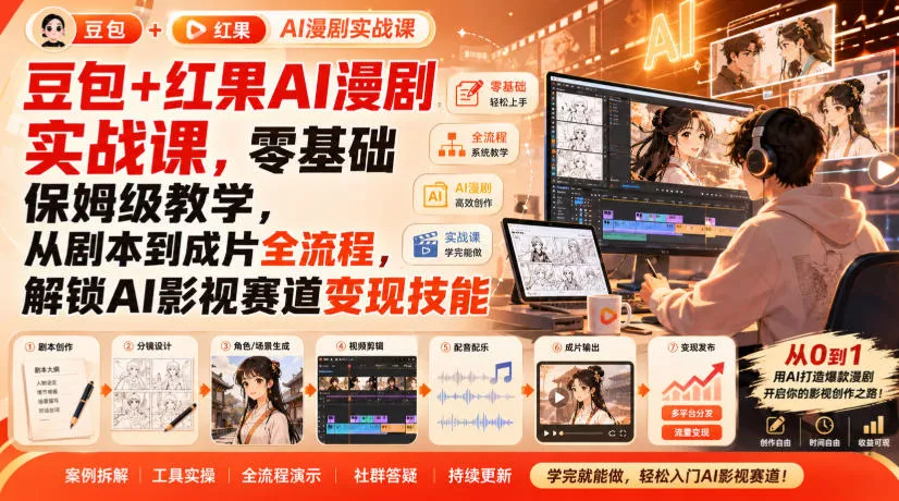豆包+红果AI漫剧实战课,零基础保姆级教学,从剧本到成片全流程,解锁AI影视赛道变现技能-2爱1学习资源网-伴学无忧
