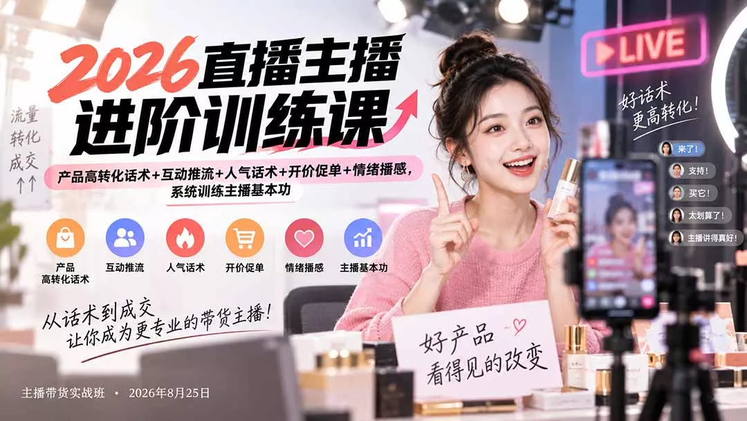 2026直播主播进阶训练课:产品高转化话术+互动推流+人气话术+开价促单+情绪播感,系统训练主播基本功 2026直播主播进阶训练课:产品高转化话术+互动推流+人气话术+开价促单+情绪播感,系统训练主播基本功