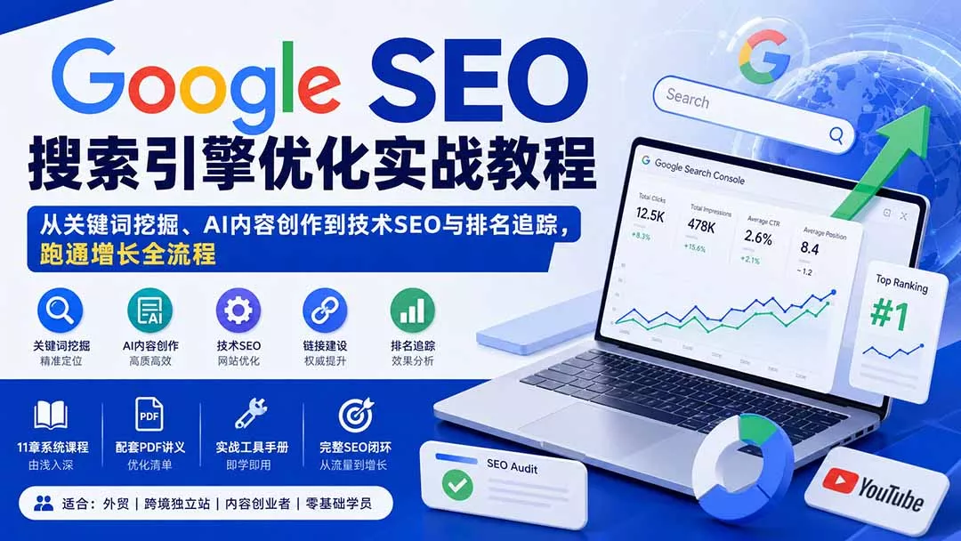 Google SEO搜索引擎优化实战教程：从关键词挖掘、AI内容创作到技术SEO与排名追踪，跑通增长全流程-2爱1学习资源网-伴学无忧