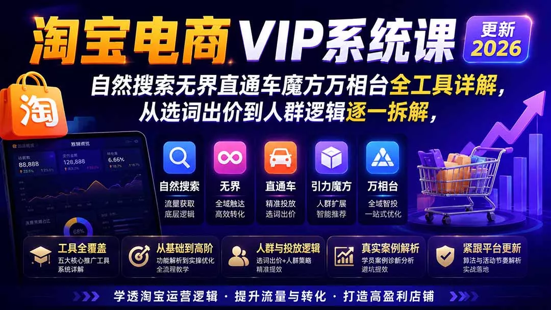 2026淘宝电商终局之战VIP课-更新：自然搜索+直通车+无界+精准人群，系统掌握测款动销与全店推广布局方法