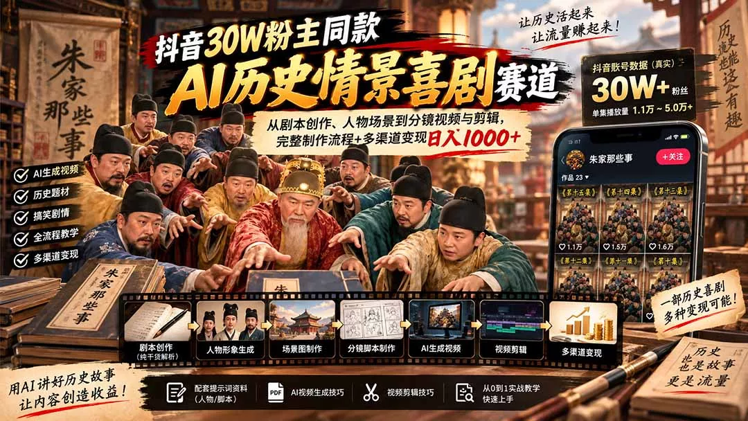 抖音30W粉博主同款AI历史情景喜剧赛道：从剧本创作、人物场景到分镜视频与剪辑，完整制作流程+多渠道变现日入1000+-2爱1学习资源网-伴学无忧