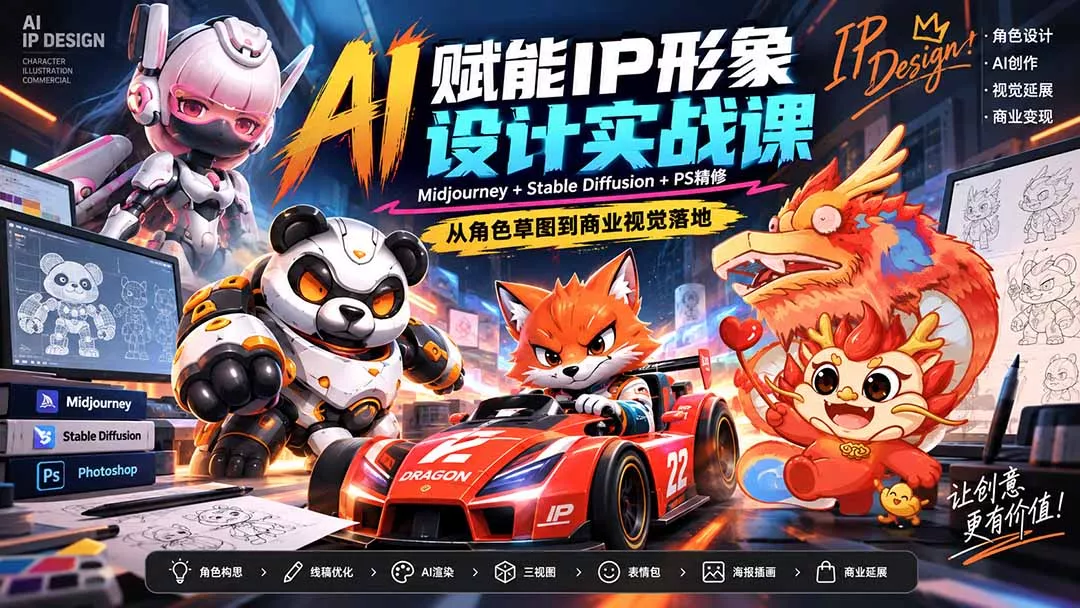 AI赋能IP形象设计实战课-无水印：Midjourney+Stable Diffusion+PS精修，从角色草图到商业视觉落地-2爱1学习资源网-伴学无忧