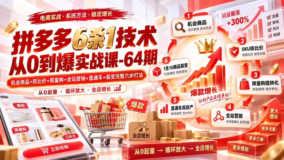 拼多多6杀1技术从0到爆实战课-64期：机会商品+防比价+限量购+全站营销+直通车+裂变完整六步打法-2爱1学习资源网-伴学无忧