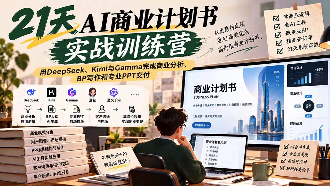 【无水印】21天AI商业计划书实战训练营：用DeepSeek、Kimi与Gamma完成商业分析、BP写作和专业PPT交付-2爱1学习资源网-伴学无忧
