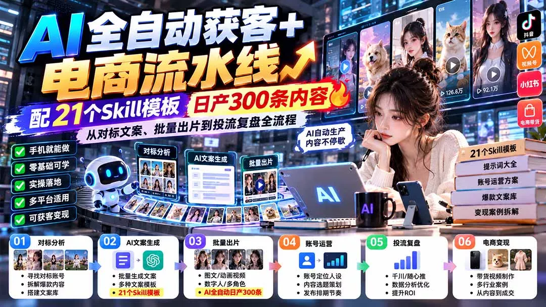 【无水印】AI全自动获客+电商流水线：配21个Skill模板，日产300条内容，从对标文案、批量出片到投流复盘全流程-2爱1学习资源网-伴学无忧