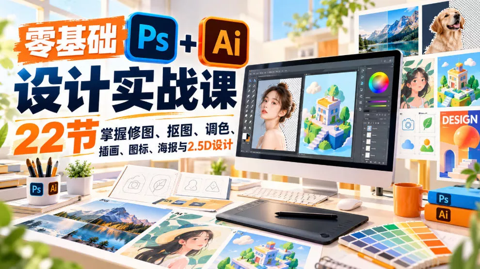 【无水印】零基础PS+AI设计实战课｜22节掌握修图、抠图、调色、插画、图标、海报与2.5D设计-2爱1学习资源网-伴学无忧